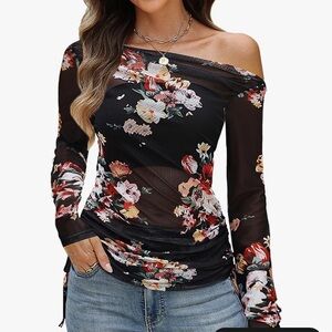 Long Sleeve Floral Mesh Off The Shoulder Top Size Small